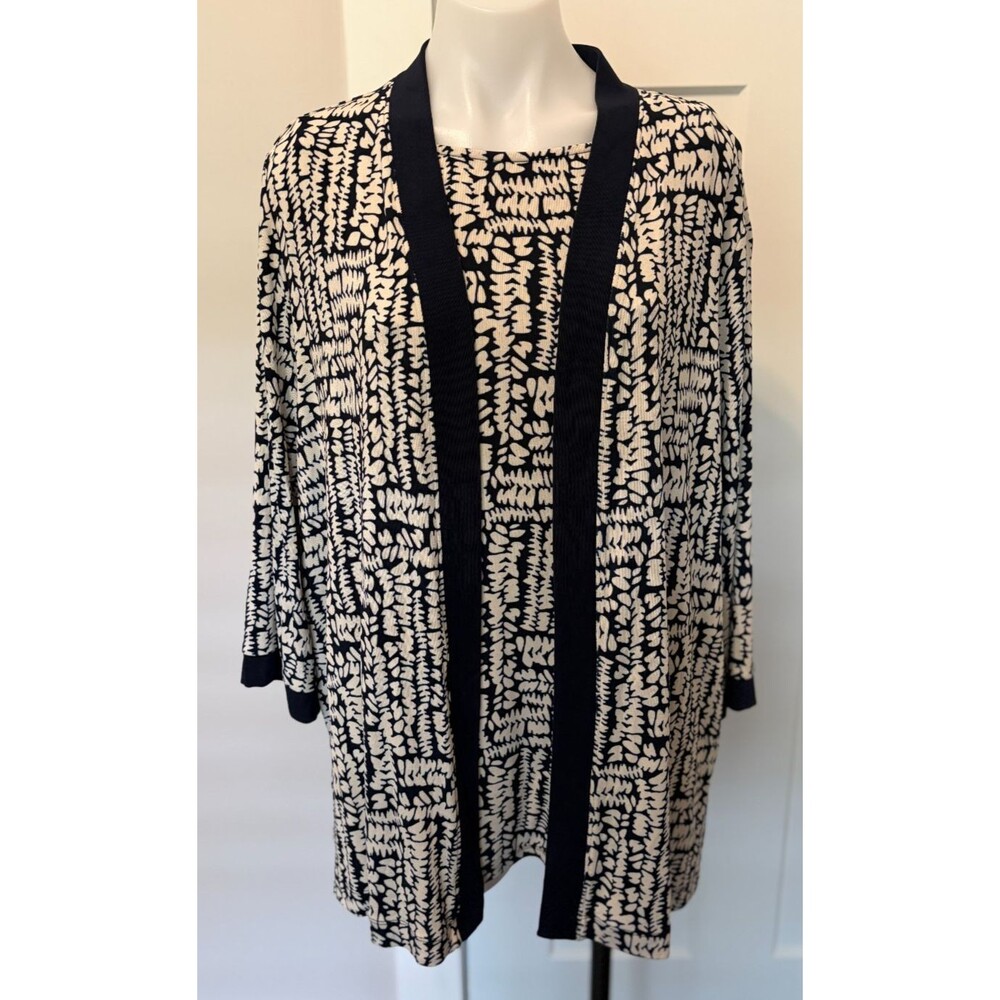 CHICOS Traveler Womens CARDIGAN Sweater Tank Set 3/4 Sleeve BLUE Ivory Sz 3 (XL)